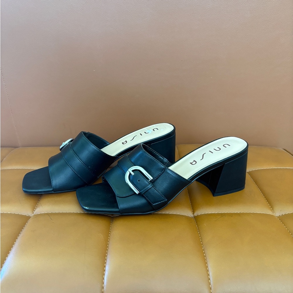 Unisa Black Slide Mules with Silver Buckle